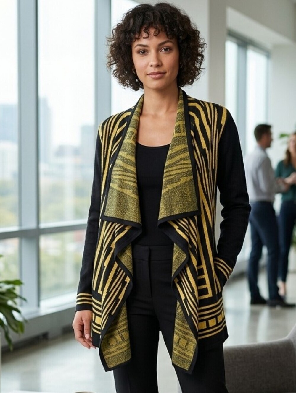 CARMEN MARC VALVO Open Front Cardigan, Black and Yellow, Size Large
